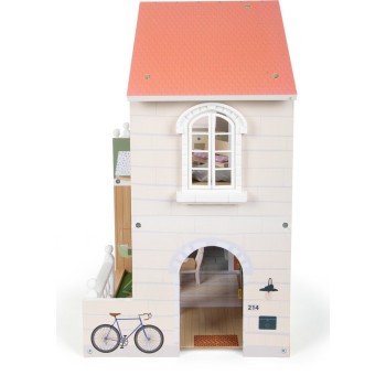 Wooden dollhouse with roof terrace